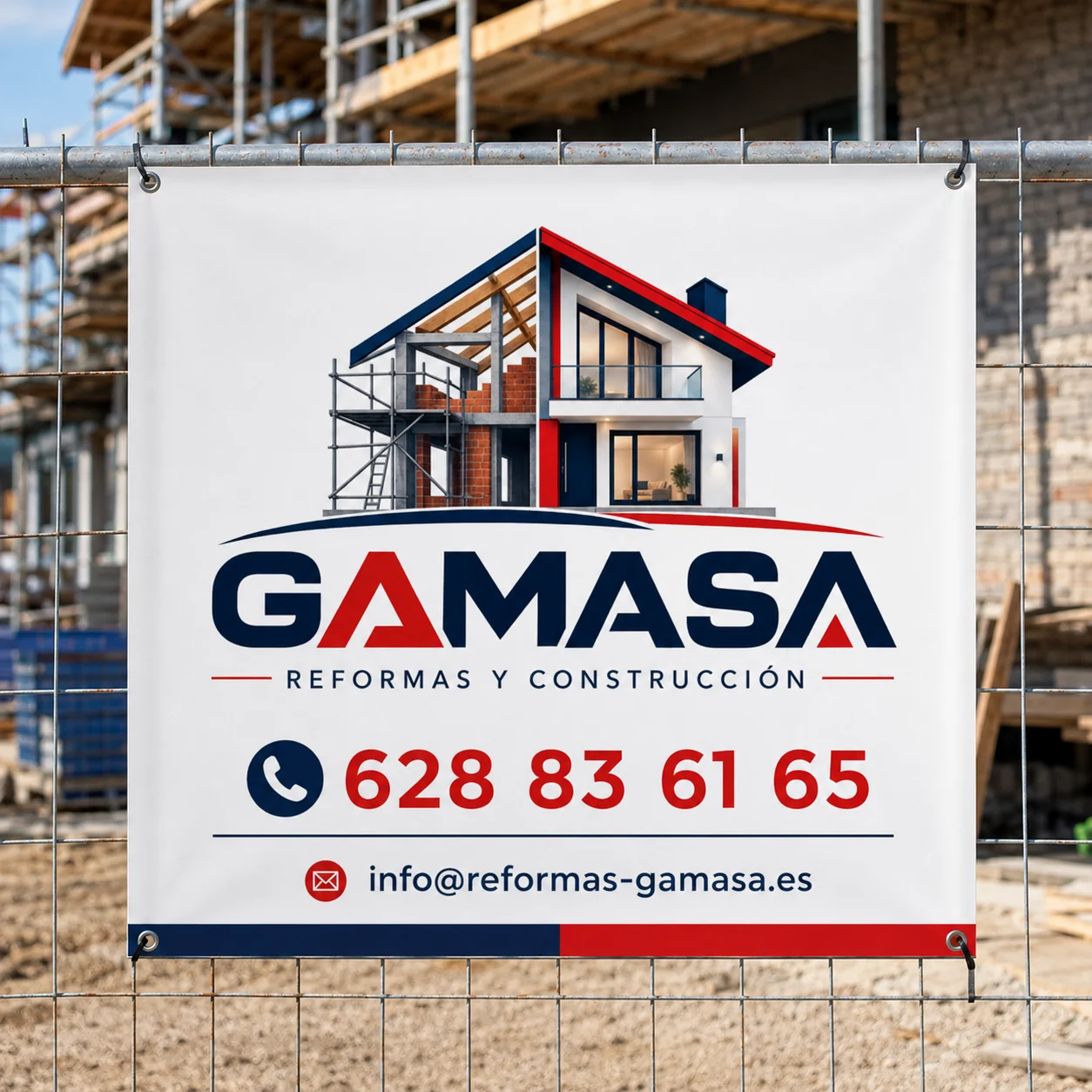 Cartel cuadrado de GAMASA en una obra en ejecución