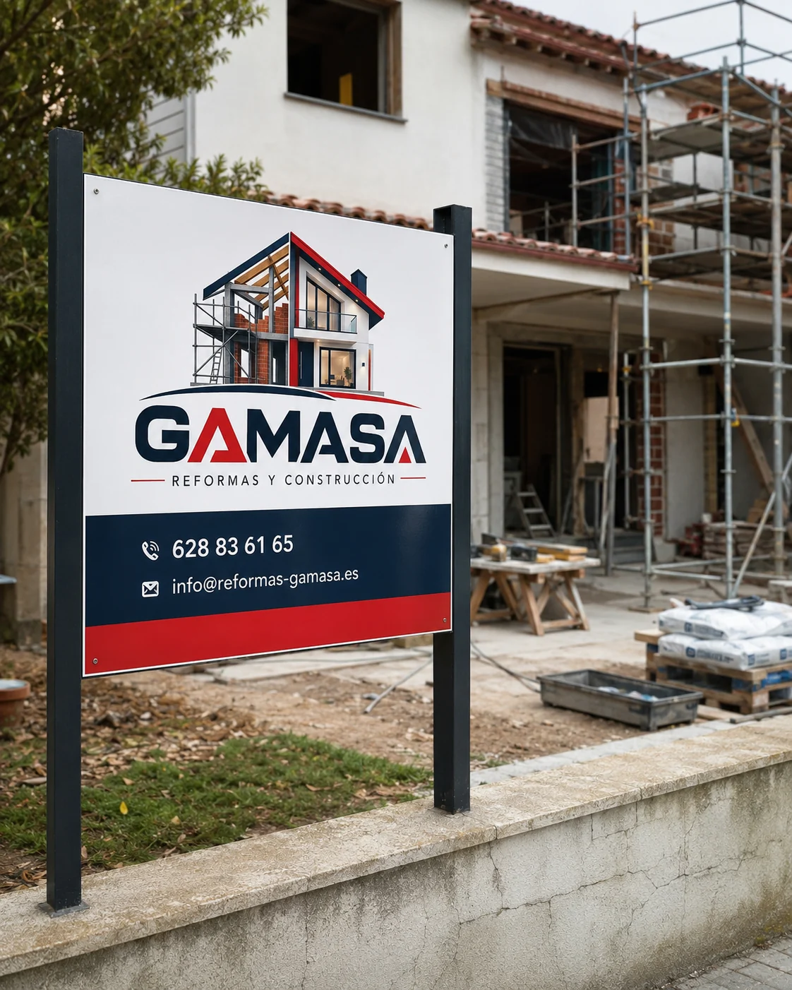 Cartel completo de GAMASA instalado en una obra residencial