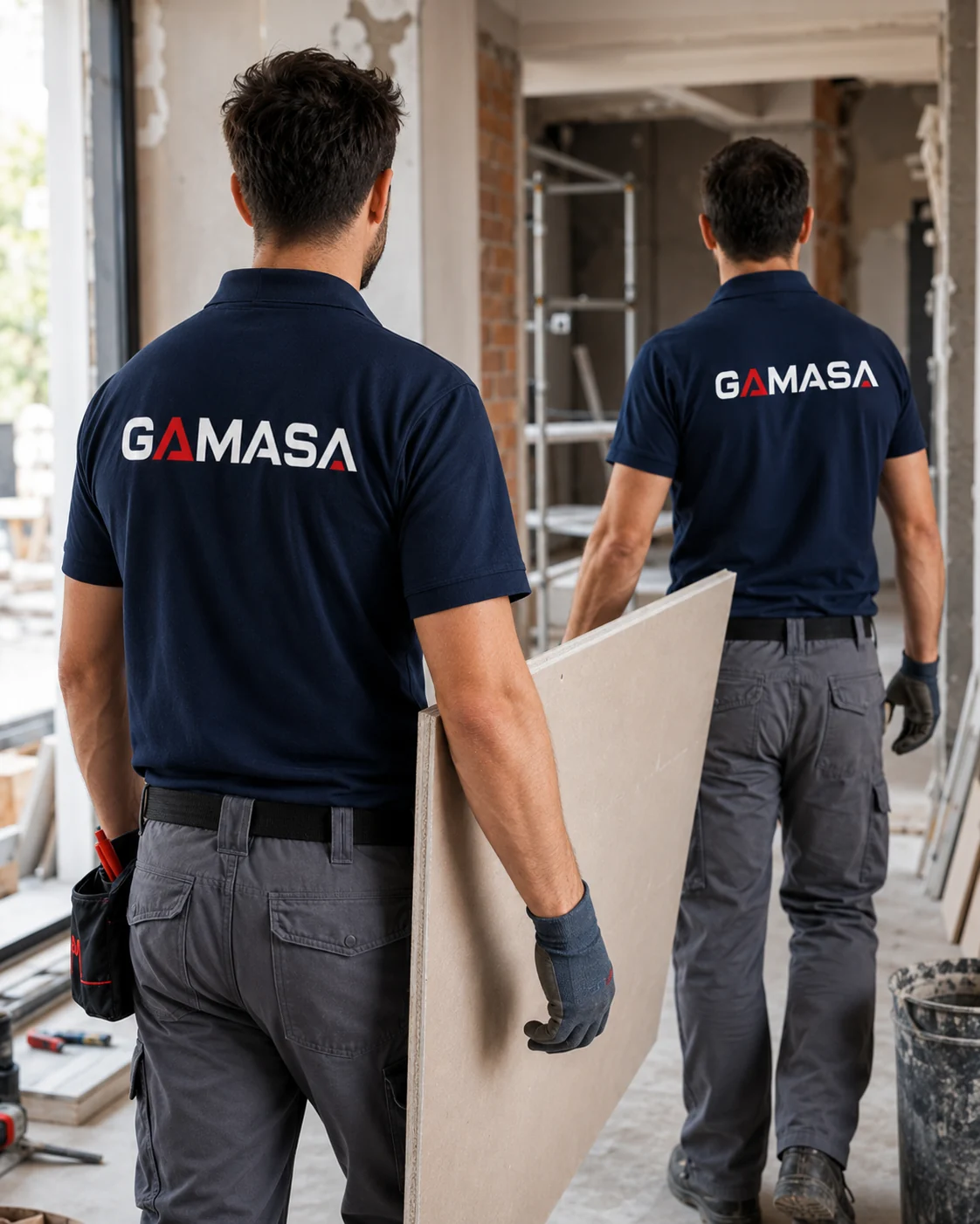 Dos trabajadores de GAMASA transportando placas durante una reforma